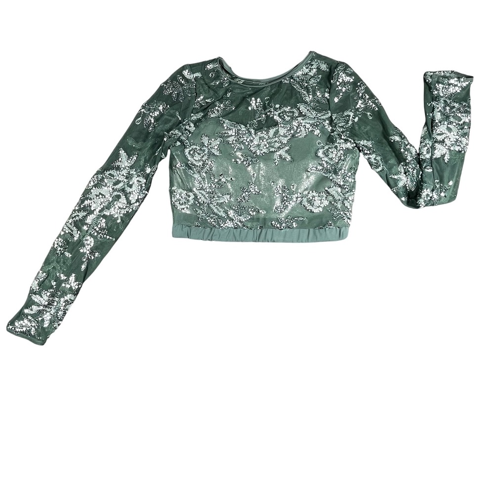 Weissman Sequin Mesh Dance Crop Top Green Long Sleeve Performance Size LA